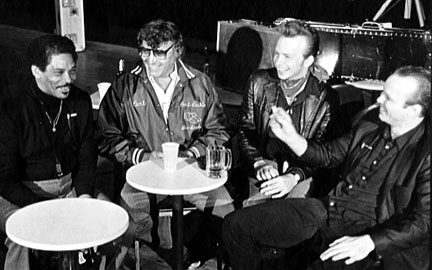 L-R: Lee Allen, Carl Perkins, Dave Alvin, Phil Alvin, February 1982